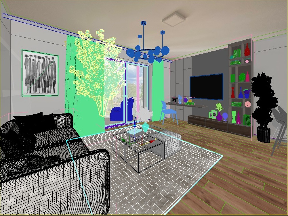 Einblick in den technischen Prozess der 3D-Modellierung: Die Benutzeroberfläche einer professionellen 3D-Software zeigt den Aufbau eines Wohnzimmers für virtuelles Home Staging. Einrichtungsgegenstände wie das Sofa und der Teppich sind als komplexe Drahtgittermodelle (Wireframes) dargestellt, während Dekorationsobjekte, Pflanzen, Gardinen und Beleuchtung durch bunte 3D-Geometrien visualisiert werden. Das Bild illustriert die detaillierte digitale Möblierung und Architekturvisualisierung für eine moderne, verkaufsfördernde Immobilienvermarktung.