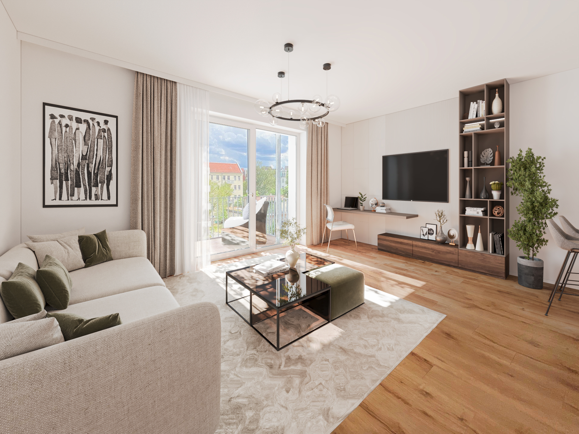 Fotorealistisches Rendering und finales Ergebnis eines virtuellen Home Stagings: Ein helles, modern eingerichtetes Wohnzimmer mit warmem Holzfußboden im Post-Production-Stadium. Der lichtdurchflutete Raum besticht durch ein stilvolles beigefarbenes Sofa mit olivgrünen Kissen, einen eleganten Couchtisch auf einem strukturierten Teppich sowie eine maßgefertigte TV-Wohnwand mit integriertem Home-Office-Platz. Durch die große Fensterfront fällt natürliches Sonnenlicht, das realistische Schatten wirft und den Blick auf den Balkon freigibt. Diese hochwertige 3D-Visualisierung demonstriert die perfekte digitale Aufwertung für eine emotionale und erfolgreiche Immobilienvermarktung.