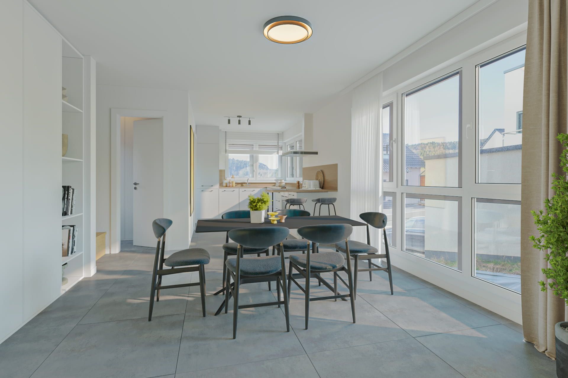 Nachher-Bild eines virtuelles Home Stagings in einem hellen, modern eingerichteten offenen Wohnbereich. Der Raum zeigt einen Speisebereich mit einem großen schwarzen Esstisch und sechs passenden modernen dunklen Stühlen auf einem anthrazitfarbenen Fliesenboden. Große, bodentiefe Fensterfronten rechts lassen reichlich Tageslicht hereinfluten. Im Hintergrund ist eine virtuell gestagte offene Küche mit weißen Schränken, Holz-Akzenten, einer Kücheninsel und Barhockern sichtbar. 