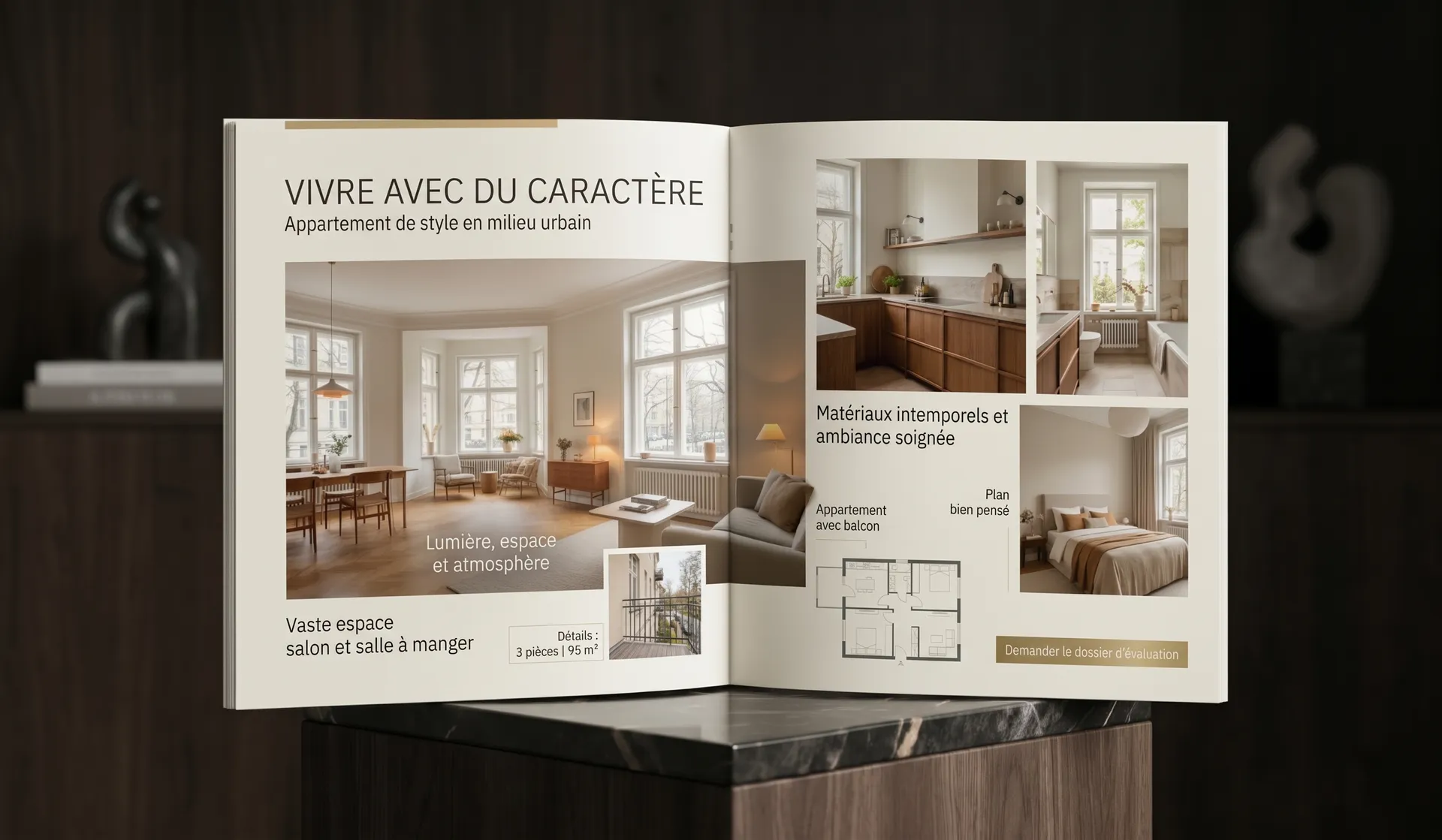 Plaquette de vente immobilière ouverte présentant les visuels 3D d'un appartement de 95 m² avec salon, cuisine moderne, chambre et plan 2D.