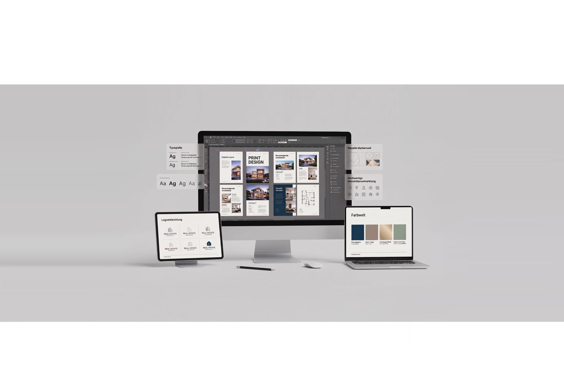 Mockup-Szene für professionelles Corporate Design und Immobilienmarketing: Ein minimalistischer Arbeitsplatz mit iMac, iPad und MacBook vor hellgrauem Hintergrund. Die Bildschirme zeigen ein ganzheitliches Branding-Konzept für Makler und Bauträger, bestehend aus der Logoentwicklung, der Definition einer harmonischen Farbwelt und dem Print-Design eines hochwertigen Immobilien-Exposés. Zusätzliche schwebende UI-Elemente visualisieren die Themen Typografie und visuelle Markenwelt.