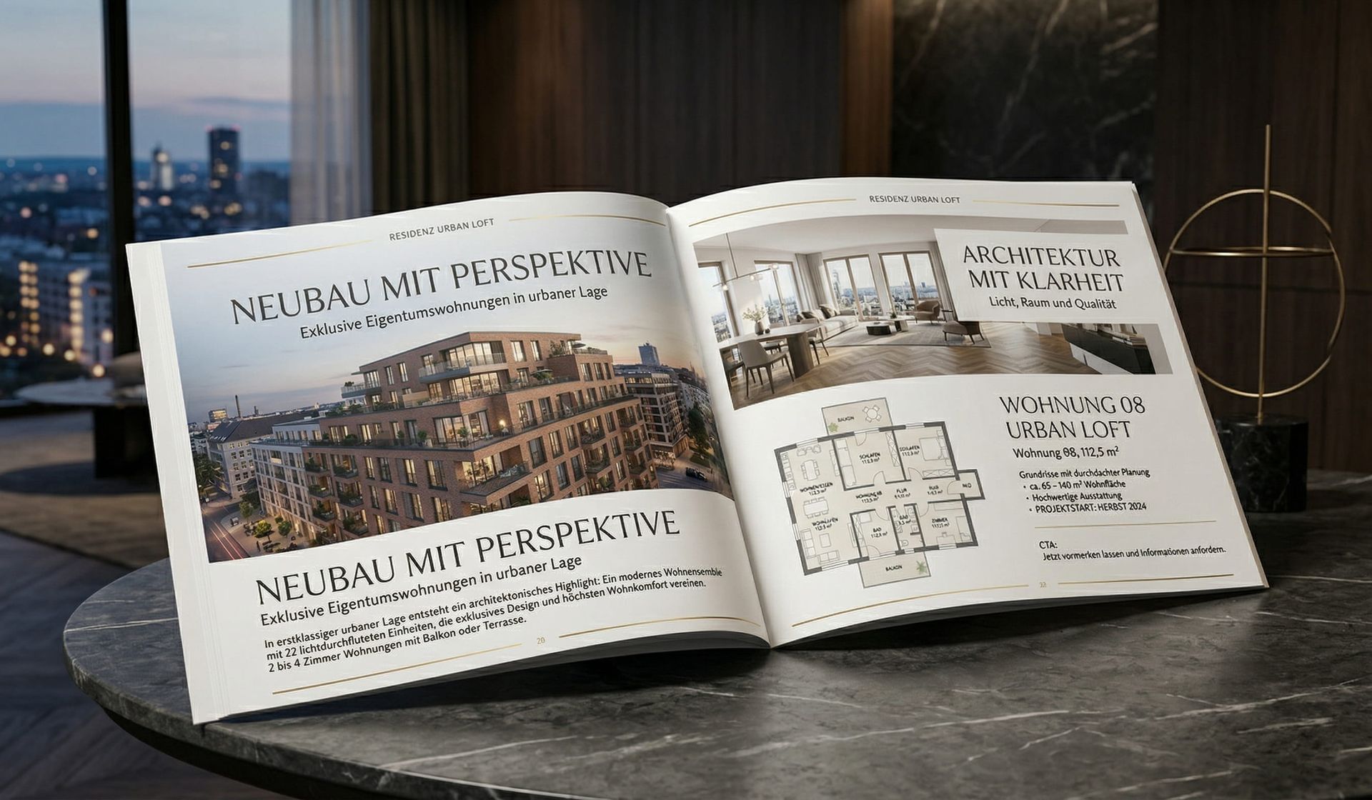 Fotorealistisches Mockup eines hochwertigen Immobilien-Exposés für das fiktive Neubauprojekt 'Residenz Urban Loft'. Die aufgeschlagene Broschüre präsentiert auf der linken Seite eine stimmungsvolle 3D-Architekturvisualisierung eines modernen Mehrfamilienhauses in städtischer Umgebung. Die rechte Seite zeigt eine helle Innenvisualisierung sowie einen detaillierten Grundriss für eine exklusive Eigentumswohnung. Das elegant auf einem Tisch platzierte Exposé mit urbaner Skyline im Hintergrund illustriert eindrucksvoll die professionelle Immobilienvermarktung und hochwertige Projektpräsentation für Bauträger.