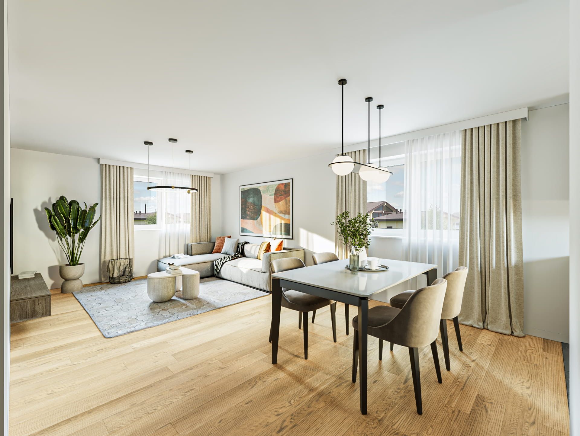 Virtuelles Home Staging eines hellen, offenen Wohn- und Essbereichs. Die fotorealistische 3D-Visualisierung zeigt ein modernes Einrichtungskonzept: Im Vordergrund ein eleganter Esstisch mit bequemen Samtstühlen und einer auffälligen Pendelleuchte. Der gemütliche Wohnbereich im Hintergrund lädt mit einem großzügigen grauen Ecksofa, runden Couchtischen, abstrakter Wandkunst und einer großen Zimmerpflanze zum Verweilen ein. Ein durchgehender, warmer Holzboden und helle, bodentiefe Vorhänge runden das harmonische Design ab.