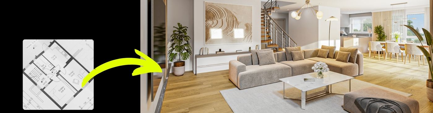 Vorher-Nachher-Vergleich einer professionellen 3D-Visualisierung: Links dient ein klassischer technischer 2D-Grundriss als Ausgangsbasis. Ein markanter gelber Pfeil veranschaulicht die Transformation zur großformatigen, fotorealistischen 3D-Darstellung auf der rechten Seite. Das hochwertige virtuelle Home Staging präsentiert einen offenen, lichtdurchfluteten Wohnbereich mit einem großzügigen beigen Ecksofa, einem eleganten Marmortisch, einer Treppe sowie einem angrenzenden Ess- und Küchenbereich.