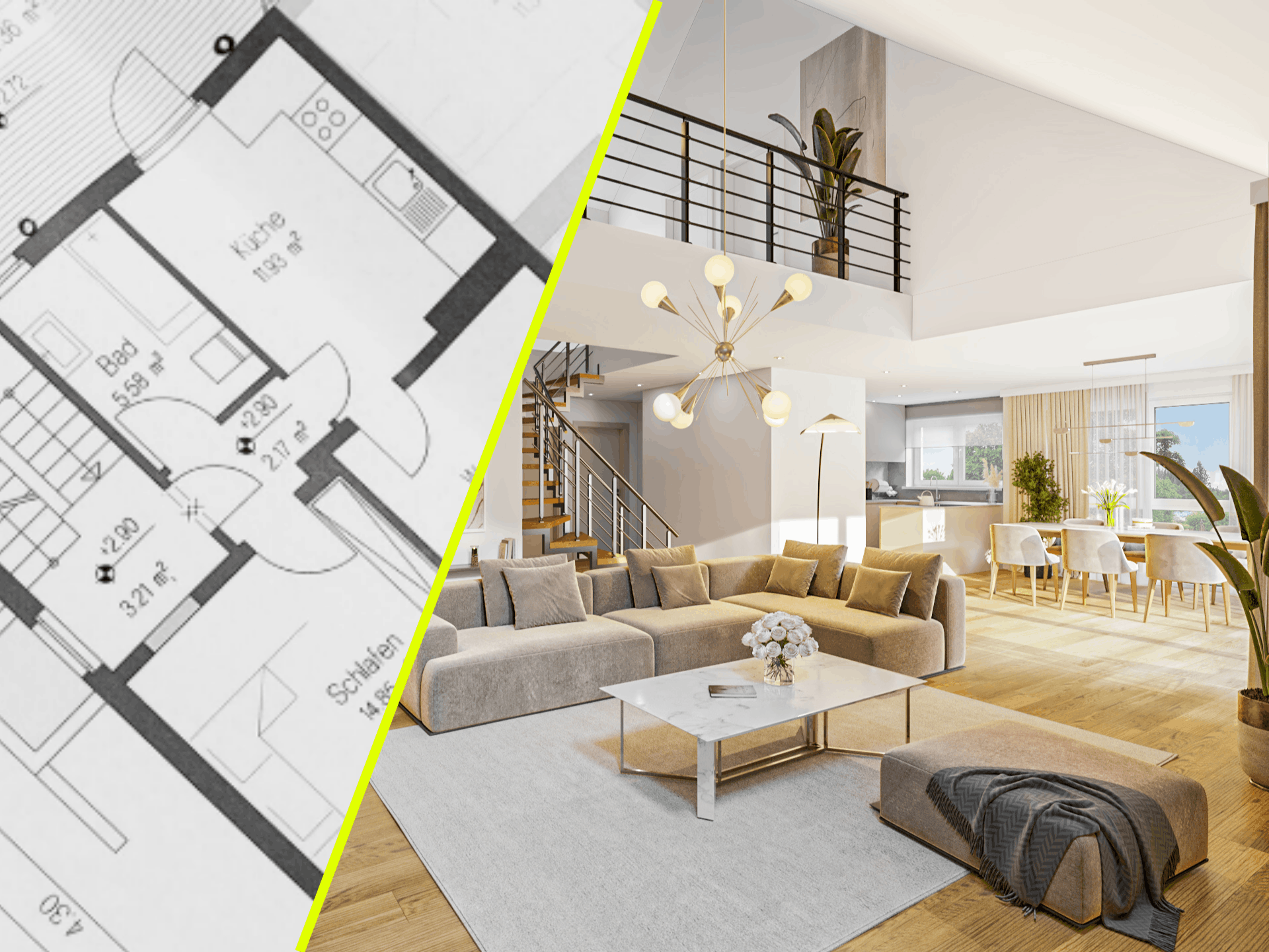 Vorher-Nachher-Vergleich einer professionellen 3D-Visualisierung: Links dient ein klassischer technischer 2D-Grundriss als Ausgangsbasis. Ein markanter gelber Pfeil veranschaulicht die Transformation zur großformatigen, fotorealistischen 3D-Darstellung auf der rechten Seite. Das hochwertige virtuelle Home Staging präsentiert einen offenen, lichtdurchfluteten Wohnbereich mit einem großzügigen beigen Ecksofa, einem eleganten Marmortisch, einer Treppe sowie einem angrenzenden Ess- und Küchenbereich.