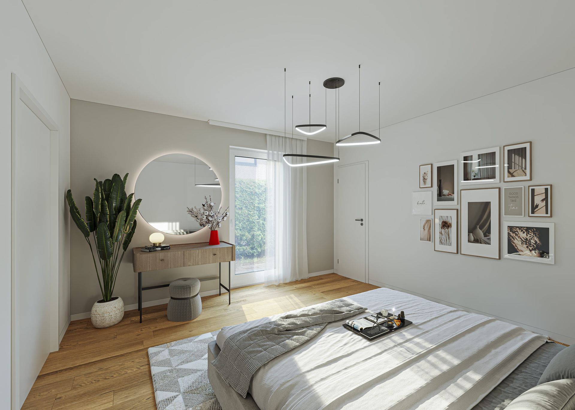 Modernes Schlafzimmer im skandinavischen Stil: Ein Beispiel für fotorealistisches virtuelles Homestaging. Der Raum zeigt ein großes Doppelbett, einen Holz-Konsolentisch mit runden, beleuchteten Spiegel, eine große Bananenpflanze, eine Galerie-Wand und eine Terrassentür mit Blick ins Grüne.