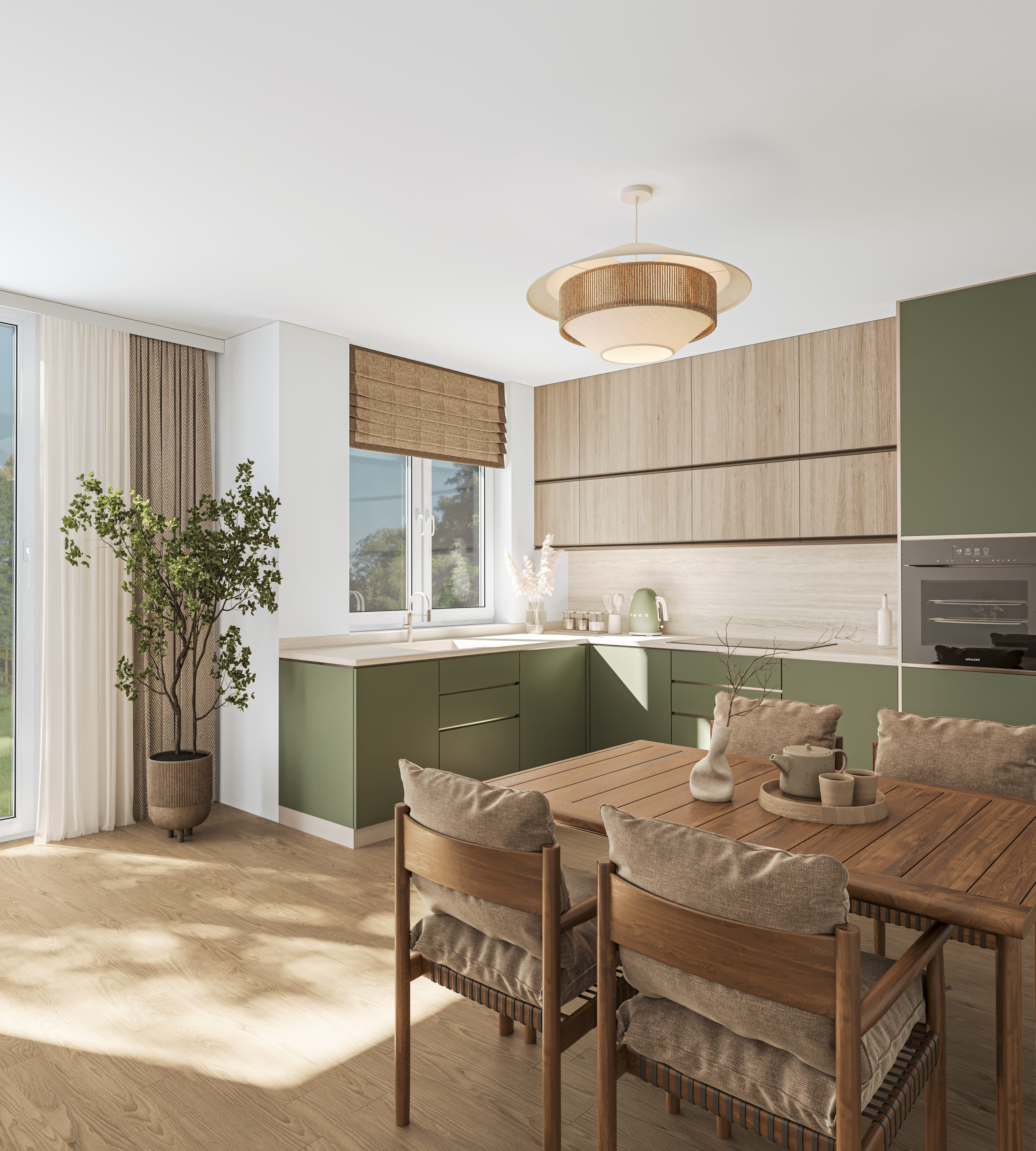 Virtuelles Home Staging einer hellen Küche mit Essbereich. Das Digital Home Staging zeigt ein Raumkonzept im Einrichtungsstil Skandinavisch mit hellen Holzfronten, einer weißen Arbeitsplatte, einem runden Esstisch und drei klaren Glaspendelleuchten.