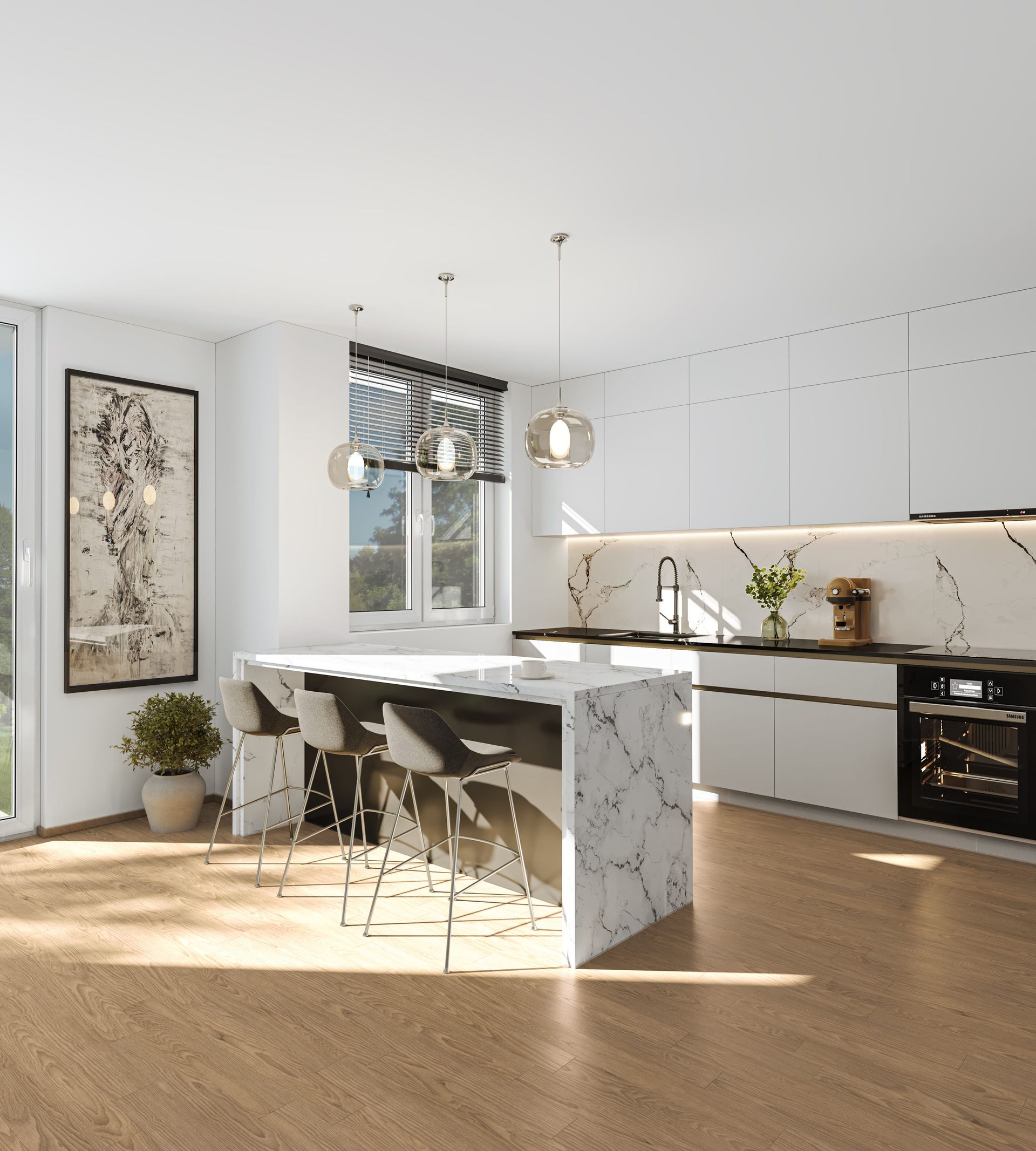 Virtuelles Home Staging einer luxuriösen, offenen Küche. Das Digital Home Staging zeigt ein Raumkonzept im Einrichtungsstil Luxus mit einer eleganten Kücheninsel aus weißem Marmor, grifflosen weißen Schrankfronten, passender Marmor-Rückwand, modernen Barhockern, edlen Glas-Pendelleuchten und hochwertigem Holzboden.