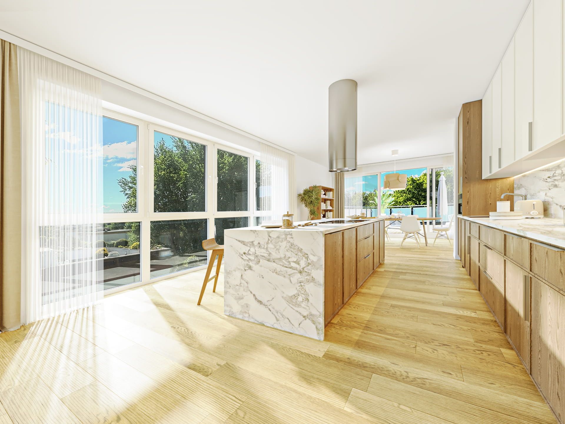 Virtuelles Home Staging einer hellen, offenen Küche mit angrenzendem Essbereich. Das Digital Home Staging zeigt ein Raumkonzept im Einrichtungsstil modern mit einer großen Kochinsel aus Marmor, hellen Holzschränken, durchgehendem Holzboden und großen Panoramafenstern mit Blick ins Grüne.
