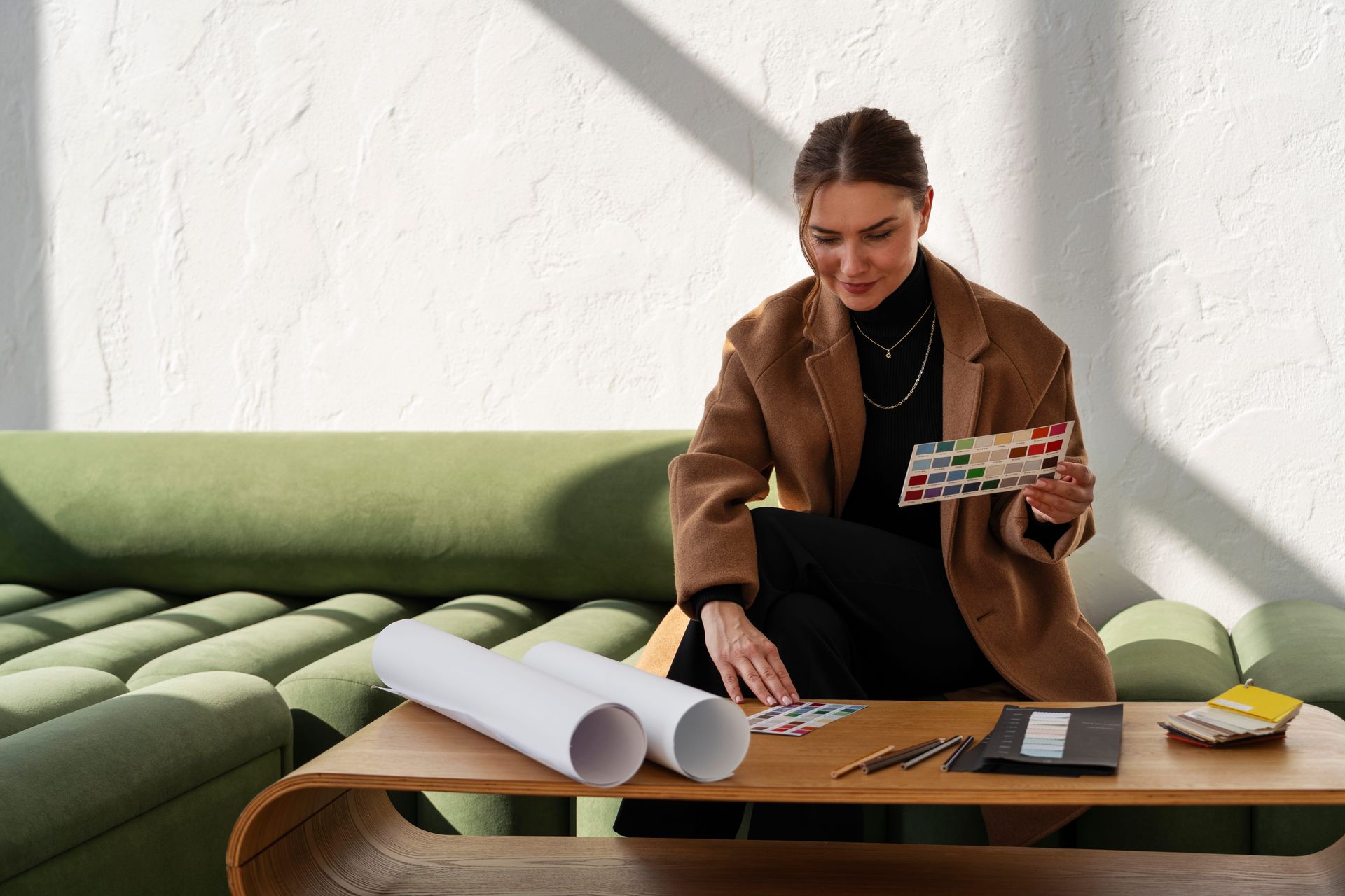"Professionelle Innenarchitektin bei der Einrichtungsplanung: Eine elegant gekleidete Designerin sitzt auf einem modernen grünen Sofa in einem lichtdurchfluteten Raum und prüft konzentriert verschiedene Farbmuster. Auf dem eleganten Holztisch vor ihr liegen gerollte Baupläne, Stifte und weitere Materialproben. Das Motiv illustriert die sorgfältige Farbberatung und Raumkonzeption, die als wichtige Grundlage für ein erfolgreiches Home Staging, hochwertiges Interior Design und die professionelle Immobilienvermarktung dienen.